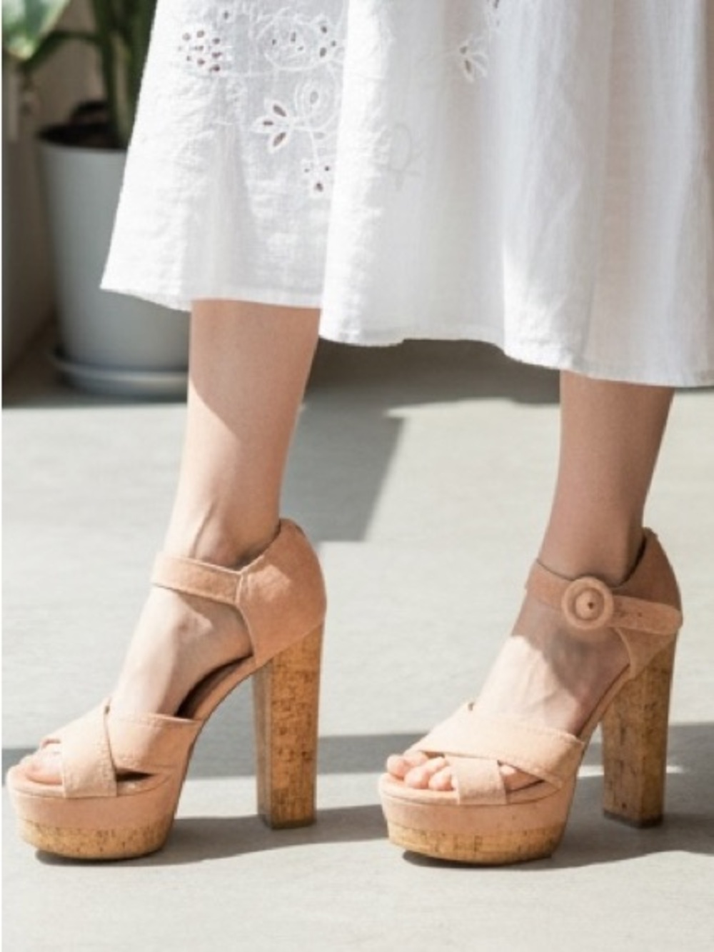 GUESS Peach Suede Platform Sandals with Cork Block Heel